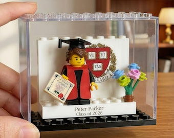 Benutzerdefinierte Minifigur Set mit personalisierter Vitrine, personalisierter Graduatin Cap Minifigur, Studentengeschenk, 2026 Graduatingeschenk für Ihn Sie