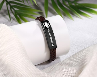 Custom Men’s Leather Medical ID Bracelet, Personalized Medical Alert Bracelet for Men, Christmas Gift for Men, Gift for Him