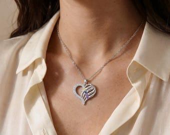 Personalized Sterling Silver Heart Necklace, Engraved Names & Birthstone Pendant, Custom Mom Jewelry Gift