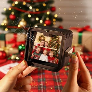 Caja de fotos y música personalizada con efecto flipbook, caja de animación con texto y fotos personalizada, caja de madera con manivela y luz, regalo de Navidad