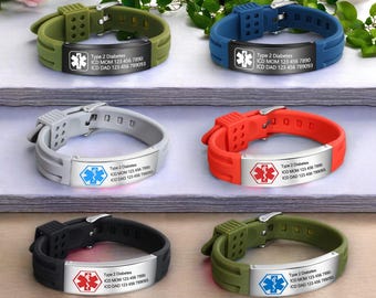 Personalized Medical Alert Bracelet,Emergency Alert ID Bracelet,Custom Silicone Waterproof Sport Bracelet,Medical Jewelry for Men Women