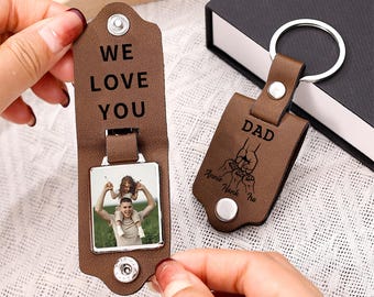 Personalized  Photo Leather Keychain for Dad, Custom Engraved Kids Names Keyring, Anniversary Birthday Keepsake Gift for Him Husband Papa