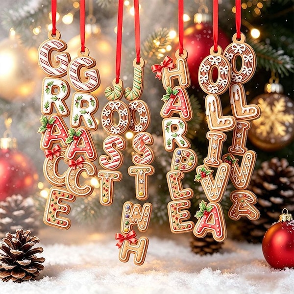 Enfeite de Natal de gengibre personalizado com o alfabeto, enfeite personalizado com o nome do seu filho, enfeites de Natal para a família, presentes de Natal para crianças.