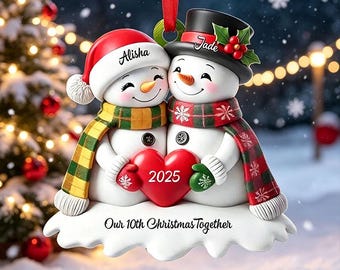 Custom Snowman Couple Heart Christmas Tree Ornament，Our 10th Christmas Together, Memorial Gift For Couple，Christmas Gift For Him Her