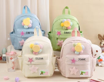 Personalized Nylon Child Backpack with Stars & Flower, Custom toddler bag with Name, Personalized Birthday Gift for Kids, Christmas gifts
