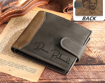 Personalized Photo Wallet, Custom Name Engraved Leather Wallet,Anniversary Gift for Him,Men,Father, Dad, Husband,Boyfriend,Father's Day gift