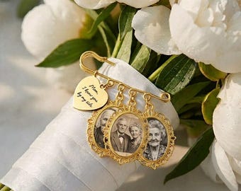 花嫁ブーケ用のカスタムウェディングメモリアルチャーム、花婿用のパーソナライズされた写真ブローチ、結婚式の日に贈る意味のある葬儀メモリアルギフト