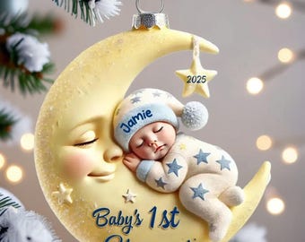 Personalized Baby On Moon Ornament, Baby First Christmas Crescent Ornament, Custom Name Moon Keepsake,Christmas Gift 2025 For Boys Girls