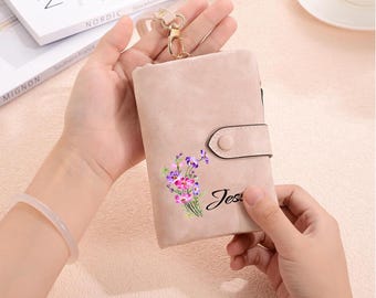 Personalized Women's Minimalist Leather Wallet, Custom Name&Birth Flower Wallet, Gifts for Mom, Gifts for Her, Handmade Gift, Christmas Gift
