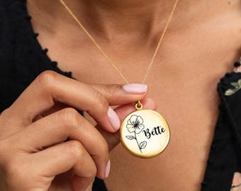 Personalized Birth Flower Photo Locket Necklace, Custom Birth Flower Photo Locket, Picture Pendant Gift for Her Mom Grandmom