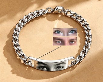 Personalized Eye Picture Bracelet, Custom Photo Engraved Cuban Link Bracelet, Memorial Jewelry, Anniversary & Christmas Gift for Him