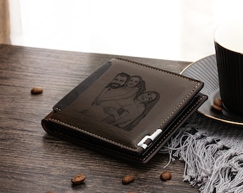Custom Photo Mens Wallet,Personalized Engraved Picture Wallet,Wooden Grain Leather Wallet,Anniversary Gifts for Him,Father's Day Gift