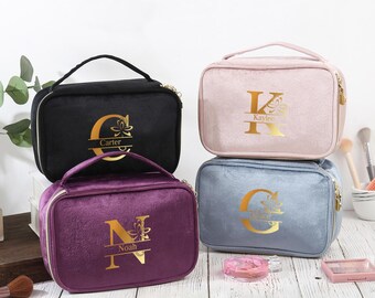 Personalized Flannel Initial Makeup Bag, Large Capacity Cosmetic Bag with Custom Name, Travel Toiletry Bag, Christmas&Wedding Gift for Her