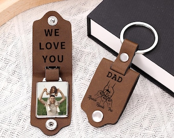 Personalized Photo Keychain for Dad, Fist Bump Dad and Kids Name Keyring,Mens Leather Keychain, Anniversary Gifts for Him, Fathers Day Gift