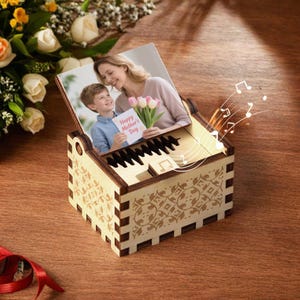 Caja de música de madera personalizada con canción personalizada, caja de música con foto y texto de canción personalizada, regalo de recuerdo de aniversario personalizado para él, ella y pareja.