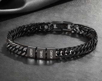 Custom Mens Bracelet for Dad with Kids Names, Personalized Engraved Bead Steel Bracelet, Family Gift for Grandpa, Fathers Day Gift for Dad