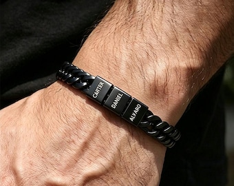 Pulsera personalizada para hombre con los nombres de los niños, pulsera de acero con cuentas grabadas personalizadas, regalo para papá y abuelo, regalo de aniversario para él.