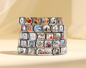 Personalized Photo Italian Charm Bracelet, Custom Photo Modular Charm Jewelry, Sentimental Memorial Keepsake Father's Day Gifts for Dad