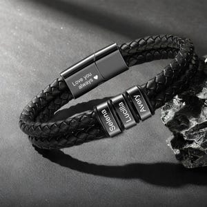 Gepersonaliseerde leren vlechtarmband, aangepaste kindernamenarmband voor vader, leren herensieraden, cadeaus voor man, vaderdagcadeau voor vader