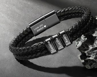 Personalized Braid Leather Bracelet, Custom Kid&#39;s Names Bracelet for Dad,Mens Leather Jewelry,Gifts for Husband,Father&#39;s Day Gift for Dad