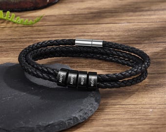 Personalized Mens Leather Cord Bracelet, Custom 2-4 Small Name Beads Bracelet, Men Jewelry for Boyfriend, Christmas Gift ,Father's Day Gifts