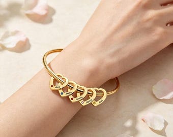 Pulsera con nombre grabado, pulsera personalizada con piedra natal en forma de corazón para mujer, joyería familiar con piedra natal, regalos para mamá/abuela/esposa/hermana.