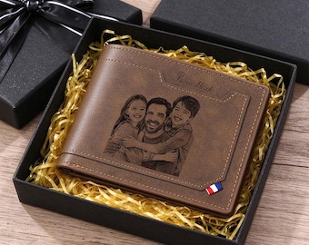 Personalized Photo Engraved Leather Wallet for Men, Custom Name Wallet, Christmas Gift for Dad Husband Groomsmen, Anniversary Gift for Him