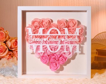 Personalized Roses Patchwork Heart Decoration Frame with Stand, Custom Child&#39;s Name Flower Shadow Box, Gift for Mom, Mother&#39;s Day Gift