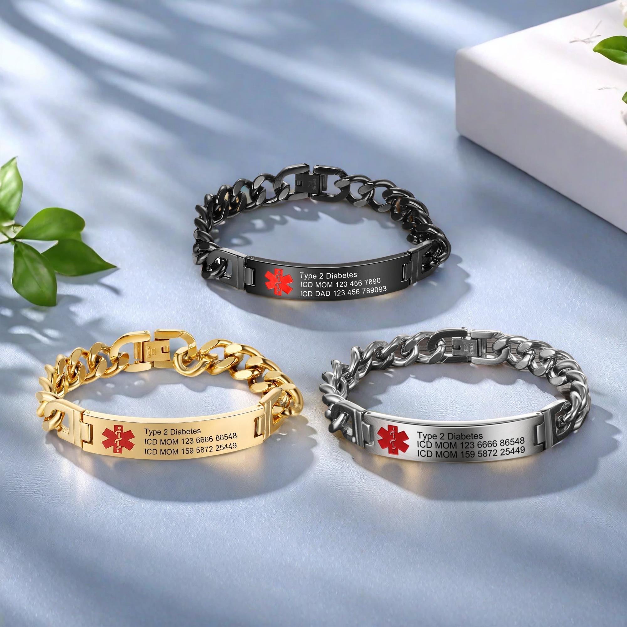 Personalized Medical Bracelet,Custom Medical Alert ID Steel Bracelets,Health Information and Emergency ID,Gifts for Men,Gifts for Diabetes