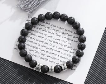 Custom 1-5 Names Mens Bracelets,Black Lava Stone Bead Family Name Bracelet for Father, Husband, Boyfriend, Anniversary Dad Fathers Day Gifts