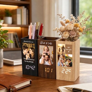 May include: Three rectangular wooden desk organizers with integrated digital displays. Each unit features a custom photo print, personalized text, and a hollow top compartment for pens or flowers. The displays show time and temperature.