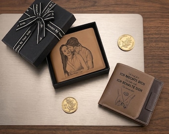 Personalized Leather Bifold Wallet - Custom Photo Couples Wallet, Engraved Christmas Gift for Him, Boyfriend, Husband, Anniversary Gifts