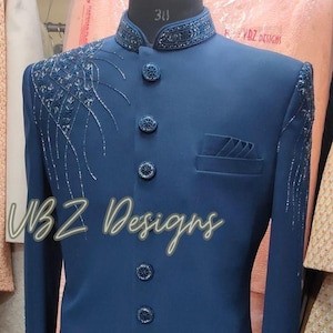 Custom Blue Indo-Western for Men | Groom Outfit | Custom Ethnic wear | Premium Sherwani | Two-Piece Suit | Complete set & Trousers