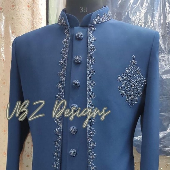 Custom Blue Indo-Western Suit for Men: Groom Sherwani, Modi Jacket
