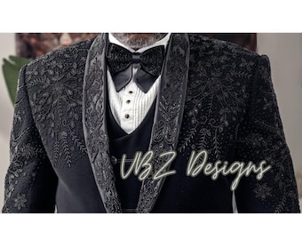Traje de esmoquin negro bordado a medida: conjunto de novio de 5 piezas para boda.
