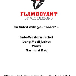 Puede incluir: Imagen con el texto "FLAMBOYANT BY VBZ DESIGNS" y una ilustraci&oacute;n estilizada de un hombre en esmoquin. El texto de abajo enumera: Chaqueta Indo-Occidental, Chaqueta Modi larga, Pantalones y Bolsa para prendas.