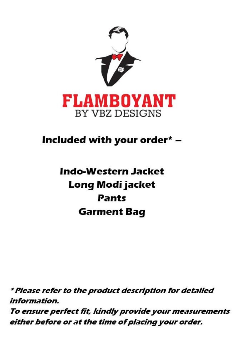 Puede incluir: Imagen con el texto "FLAMBOYANT BY VBZ DESIGNS" y una ilustraci&oacute;n estilizada de un hombre en esmoquin. El texto de abajo enumera: Chaqueta Indo-Occidental, Chaqueta Modi larga, Pantalones y Bolsa para prendas.