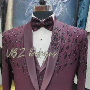 Custom Burgundy Suit: Hand-Embroidered 5-Piece Tuxedo