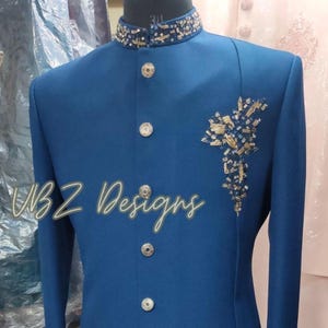 Custom Blue Indo-Western Suit: Men&#39;s Groom Outfit