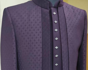 Anpassad plommonbroderad Jodhpuri-kostym: Modi-jacka för bröllop för män