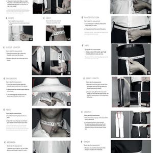 Puede incluir: Una gu&iacute;a con diagramas y texto sobre c&oacute;mo medir varias partes del cuerpo para la ropa. Incluye instrucciones para la longitud de la chaqueta/camisa, el pecho, los b&iacute;ceps, la cintura, la posici&oacute;n del pantal&oacute;n, la longitud de la manga, los hombros, las caderas, la longitud del pantal&oacute;n, el cuello, el abdomen, la entrepierna y el muslo.