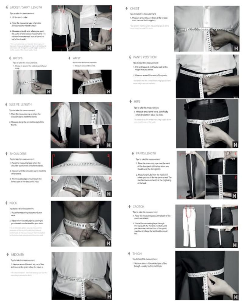Puede incluir: Una gu&iacute;a con diagramas y texto sobre c&oacute;mo medir varias partes del cuerpo para la ropa. Incluye instrucciones para la longitud de la chaqueta/camisa, el pecho, los b&iacute;ceps, la cintura, la posici&oacute;n del pantal&oacute;n, la longitud de la manga, los hombros, las caderas, la longitud del pantal&oacute;n, el cuello, el abdomen, la entrepierna y el muslo.
