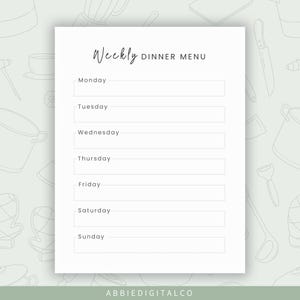 May include: A printable weekly dinner menu planner with a simple, minimalist design. The planner includes spaces to write in meals for each day of the week, from Monday to Sunday.