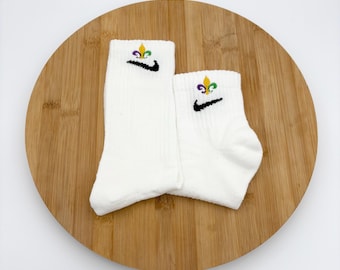 Custom Embroidered Fleur de Lis  / Mardi Gras -  Nike Crew and Ankle Socks - One Pair