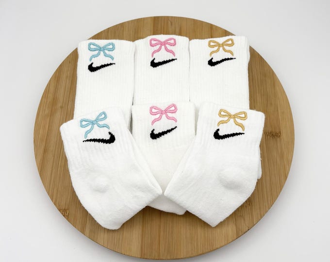 Custom Embroidered Bow / Cheer Nike Crew and Ankle Socks - One Pair (Blue, Pink, & Gold)