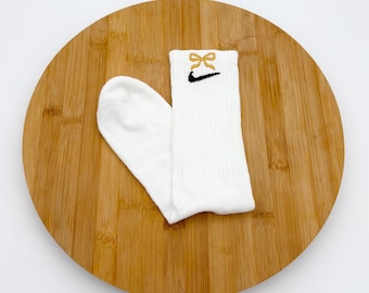 Custom Embroidered Bow / Cheer Nike Dri Fit Cushioned Crew Socks - One Pair Size Large (Gold) ***FLASH SALE***