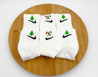 Custom Embroidered  Christmas Tree / Candy Cane - Nike Crew and Ankle Socks - One Pair
