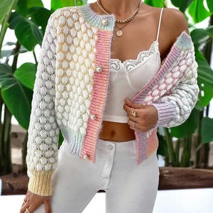Colorful Knit Cardigan Sweater Women’s Pastel Button-Up Long Sleeve Chunky Knitwear Vintage Aesthetic Cozy Boho Fashion Retro Style