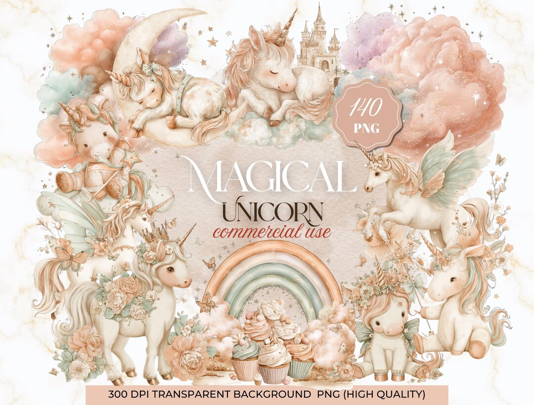 Magical Unicorn Clipart PNG Bundle | Pastel Fantasy Unicorns, Boho ...