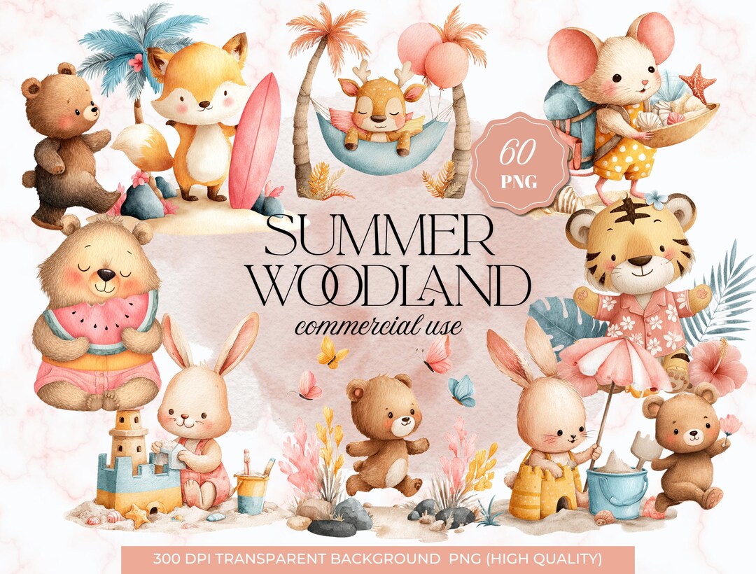 Summer Woodland Animals Clipart | Boho Beach PNG Bundle (60 Files) - Etsy